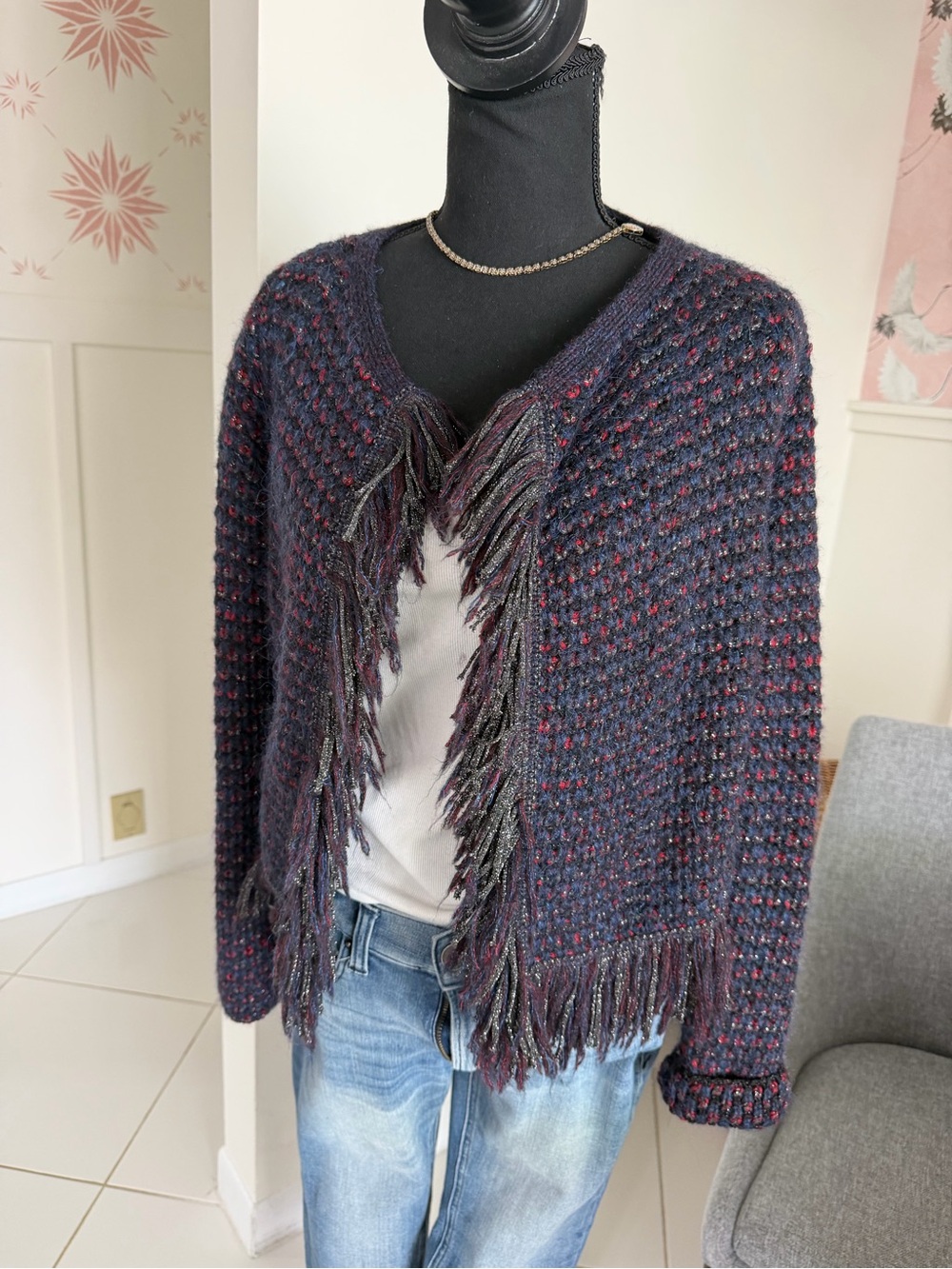 Maje Open Fringed Knit Mask Bouclé Cardigan Jacket Size 1 Made in Italy
